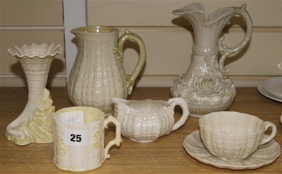 Six assorted items of Belleek porcelain, largest 7in.